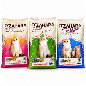 D’Zahara cat food: pink 10 kg, green 10 kg and blue Mother & Baby 7 kg bags